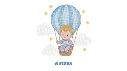 Hot air Balloon embroidery designs - Baby Boy in a Balloon with clouds machine embroidery pattern - Instant digital download pes jef dst vp3
