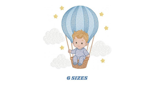 Hot air Balloon embroidery designs - Baby Boy in a Balloon with clouds machine embroidery pattern - Instant digital download pes jef dst vp3