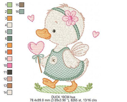 Female Duck with big lace embroidery design - Baby girl animal machine embroidery pattern - Baby Girl file - Instant digital download pes