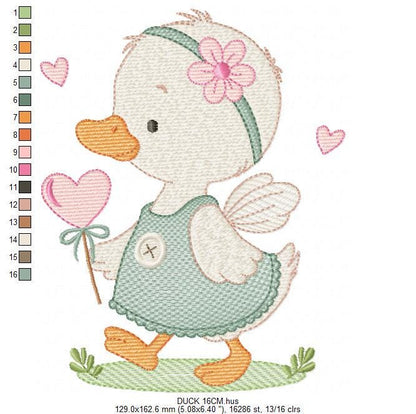 Female Duck with big lace embroidery design - Baby girl animal machine embroidery pattern - Baby Girl file - Instant digital download pes