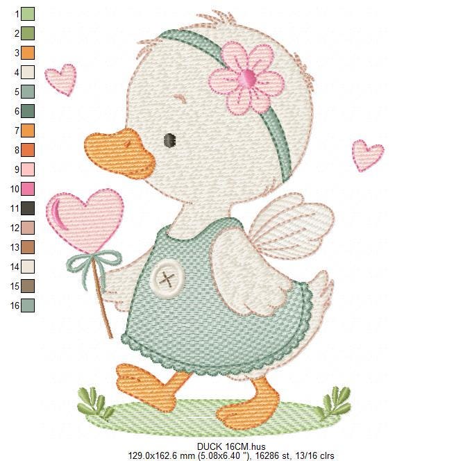 Female Duck with big lace embroidery design - Baby girl animal machine embroidery pattern - Baby Girl file - Instant digital download pes