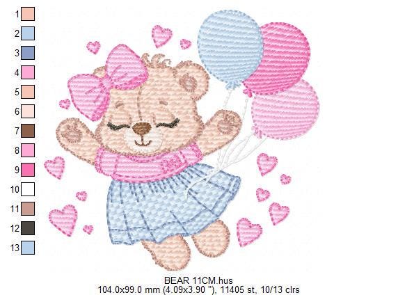 Bear with balloons embroidery designs - Teddy bear with dress and bow machine embroidery pattern - Baby Birthday party - Instant download