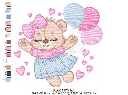 Bear with balloons embroidery designs - Teddy bear with dress and bow machine embroidery pattern - Baby Birthday party - Instant download