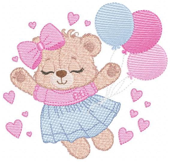 Bear with balloons embroidery designs - Teddy bear with dress and bow machine embroidery pattern - Baby Birthday party - Instant download