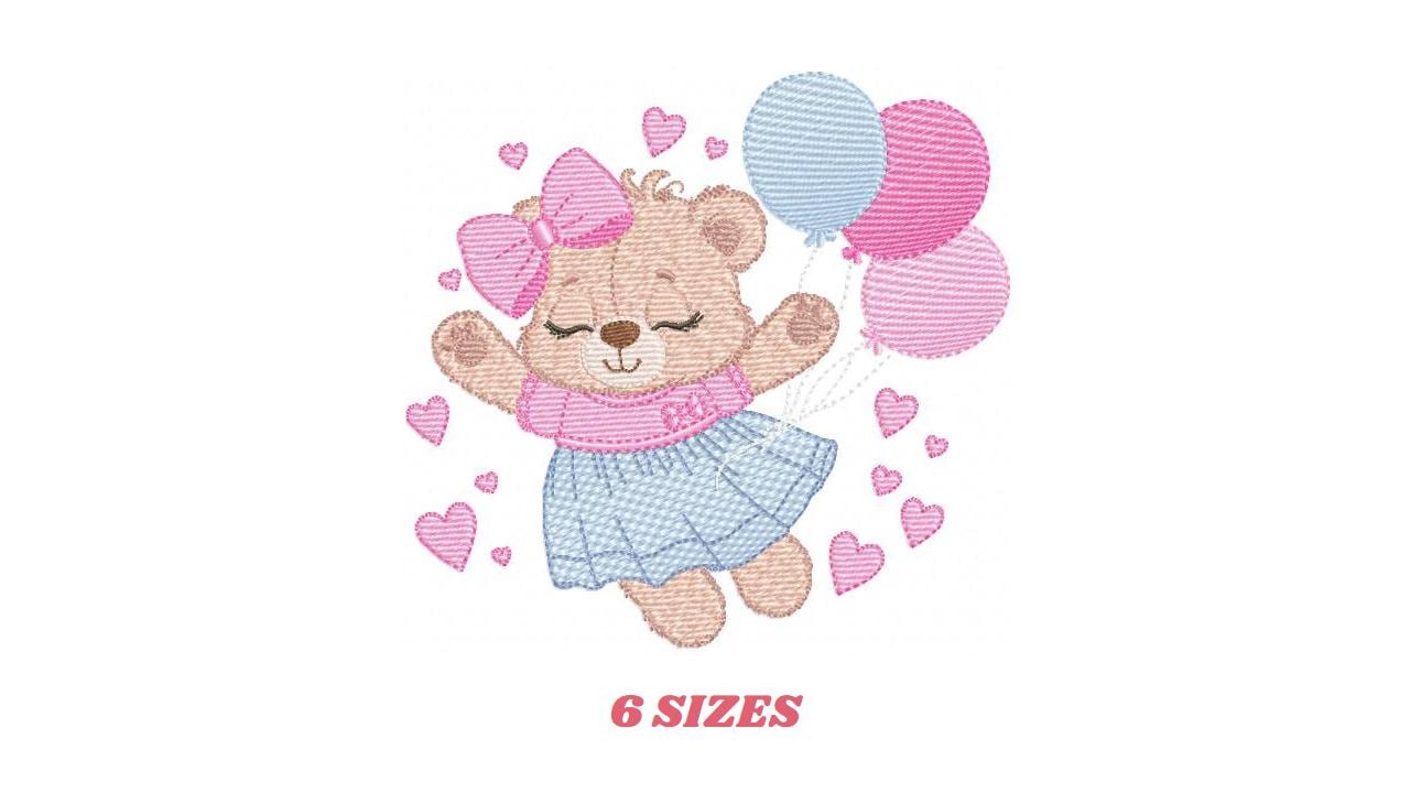 Bear with balloons embroidery designs - Teddy bear with dress and bow machine embroidery pattern - Baby Birthday party - Instant download