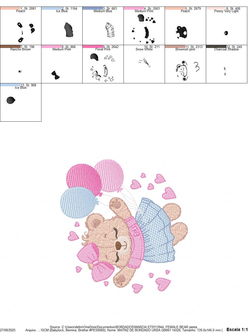 Bear with balloons embroidery designs - Teddy bear with dress and bow machine embroidery pattern - Baby Birthday party - Instant download