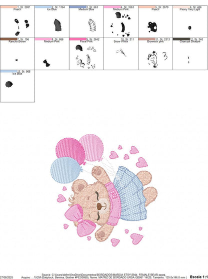 Bear with balloons embroidery designs - Teddy bear with dress and bow machine embroidery pattern - Baby Birthday party - Instant download