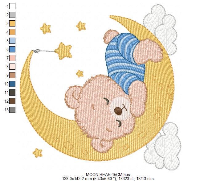 Sleeping Boy Bear with pajamas embroidery designs - Moon with stars machine embroidery pattern - Male Teddy bear - instant download pes jef