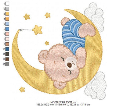 Sleeping Boy Bear with pajamas embroidery designs - Moon with stars machine embroidery pattern - Male Teddy bear - instant download pes jef