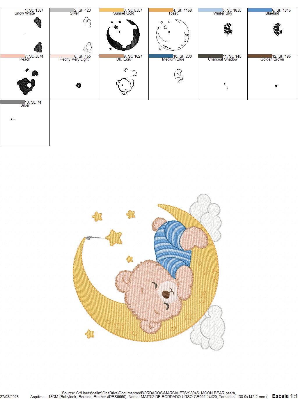 Sleeping Boy Bear with pajamas embroidery designs - Moon with stars machine embroidery pattern - Male Teddy bear - instant download pes jef