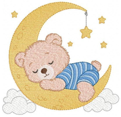 Sleeping Boy Bear with pajamas embroidery designs - Moon with stars machine embroidery pattern - Male Teddy bear - instant download pes jef