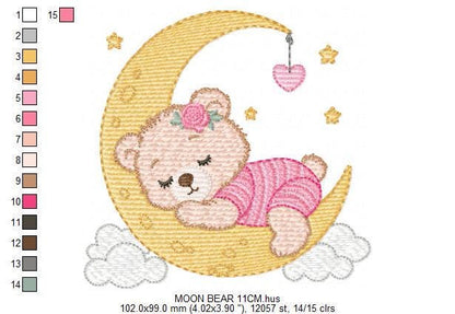 Sleeping Girl Bear with pajamas embroidery designs - Moon machine embroidery pattern - Female teddy bear - Instant digital download pes jef