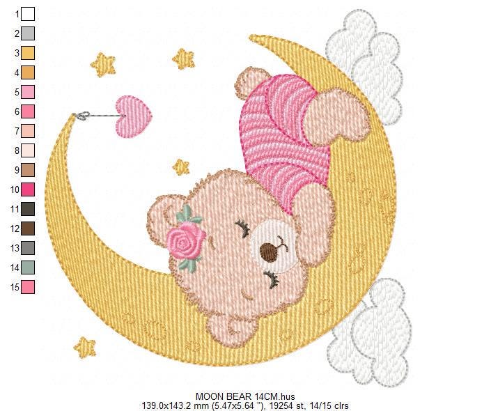 Sleeping Girl Bear with pajamas embroidery designs - Moon machine embroidery pattern - Female teddy bear - Instant digital download pes jef