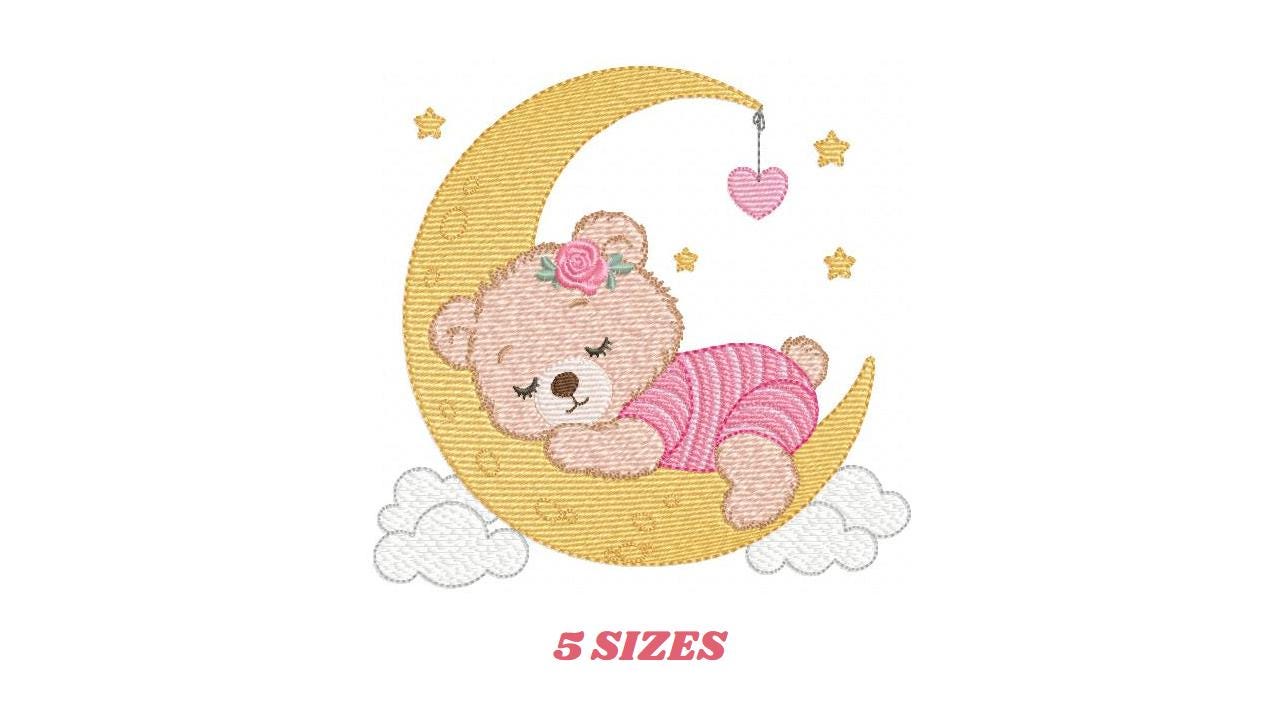 Sleeping Girl Bear with pajamas embroidery designs - Moon machine embroidery pattern - Female teddy bear - Instant digital download pes jef