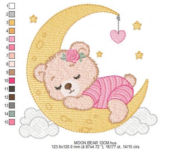Sleeping Girl Bear with pajamas embroidery designs - Moon machine embroidery pattern - Female teddy bear - Instant digital download pes jef