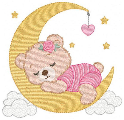 Sleeping Girl Bear with pajamas embroidery designs - Moon machine embroidery pattern - Female teddy bear - Instant digital download pes jef
