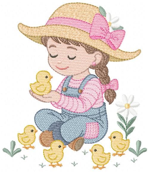 Girl Farmer embroidery designs - Farmer with hat and chicks machine embroidery pattern - Cowgirl ranch worker - Instant digital download pes