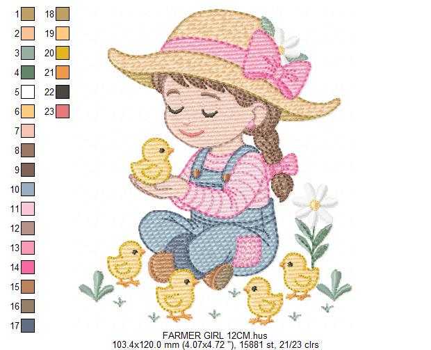 Girl Farmer embroidery designs - Farmer with hat and chicks machine embroidery pattern - Cowgirl ranch worker - Instant digital download pes