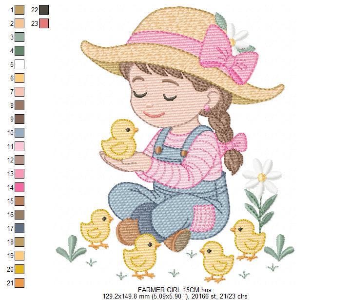 Girl Farmer embroidery designs - Farmer with hat and chicks machine embroidery pattern - Cowgirl ranch worker - Instant digital download pes