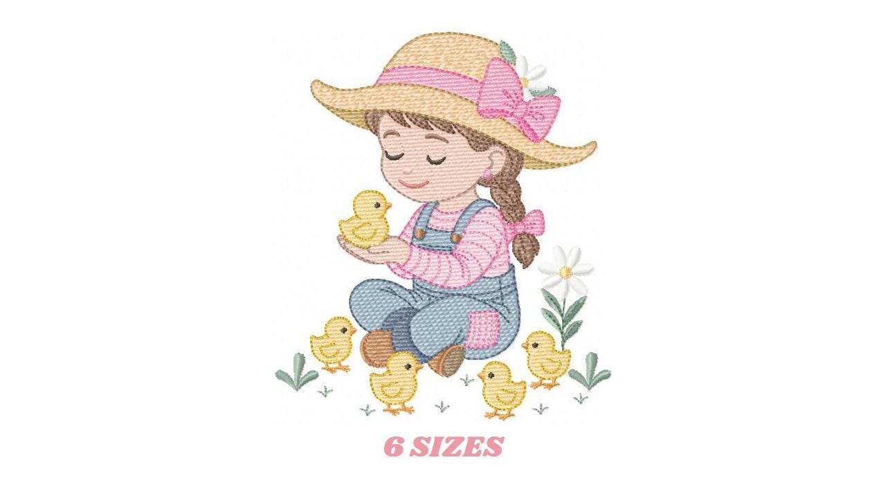Girl Farmer embroidery designs - Farmer with hat and chicks machine embroidery pattern - Cowgirl ranch worker - Instant digital download pes