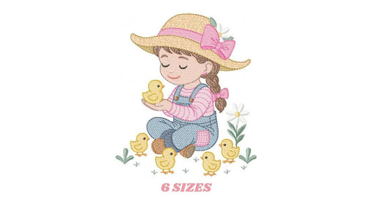 Girl Farmer embroidery designs - Farmer with hat and chicks machine embroidery pattern - Cowgirl ranch worker - Instant digital download pes