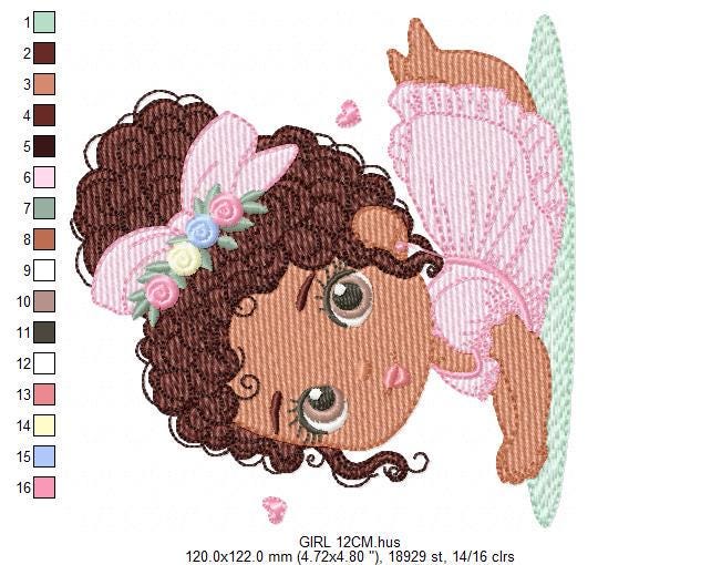 Baby Girl with Black Curly Long Hair embroidery designs - Girl with lace and flowers machine embroidery pattern - Instant download pes jef