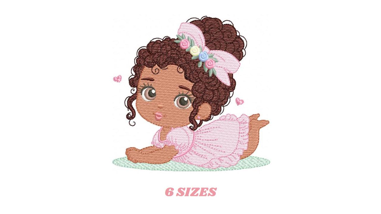 Baby Girl with Black Curly Long Hair embroidery designs - Girl with lace and flowers machine embroidery pattern - Instant download pes jef