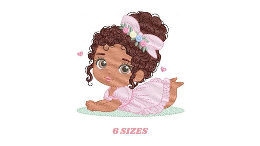 Baby Girl with Black Curly Long Hair embroidery designs - Girl with lace and flowers machine embroidery pattern - Instant download pes jef