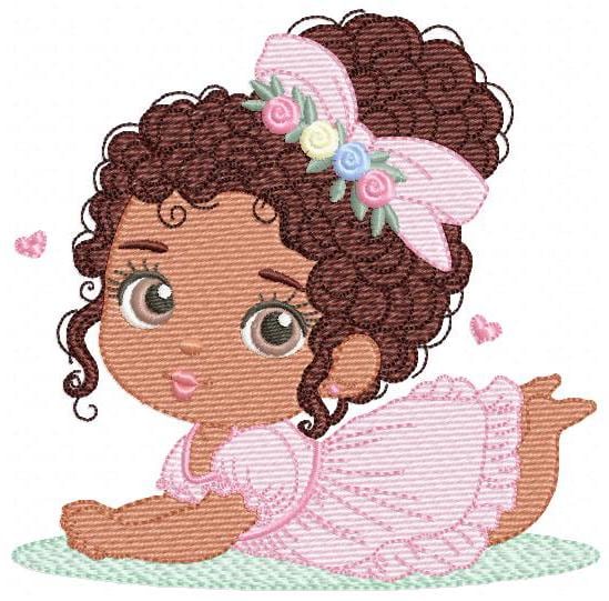 Baby Girl with Black Curly Long Hair embroidery designs - Girl with lace and flowers machine embroidery pattern - Instant download pes jef