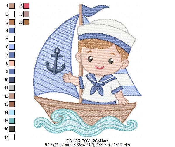Sailor Boy embroidery design - Boat machine embroidery pattern - Nautical Ocean Sea file - Instant digital download pes jef dst hus vp3 xxx