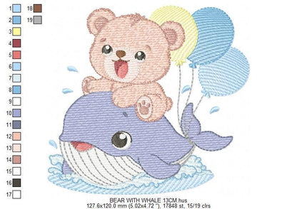 Bear with Whale embroidery designs - Ocean Animal with balloons machine embroidery pattern - Sea Life Baby Boy - Instant digital download