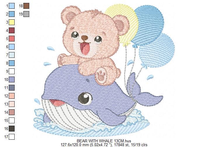 Bear with Whale embroidery designs - Ocean Animal with balloons machine embroidery pattern - Sea Life Baby Boy - Instant digital download