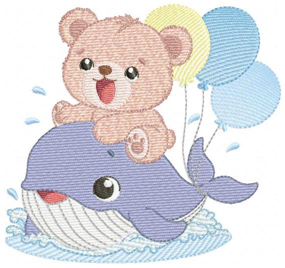 Bear with Whale embroidery designs - Ocean Animal with balloons machine embroidery pattern - Sea Life Baby Boy - Instant digital download