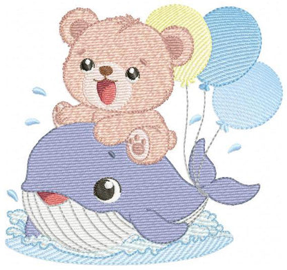 Bear with Whale embroidery designs - Ocean Animal with balloons machine embroidery pattern - Sea Life Baby Boy - Instant digital download