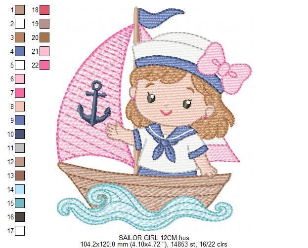 Sailor Girl embroidery design - Boat machine embroidery pattern - Nautical Ocean Sea file - Instant digital download pes jef dst hus vp3 xxx