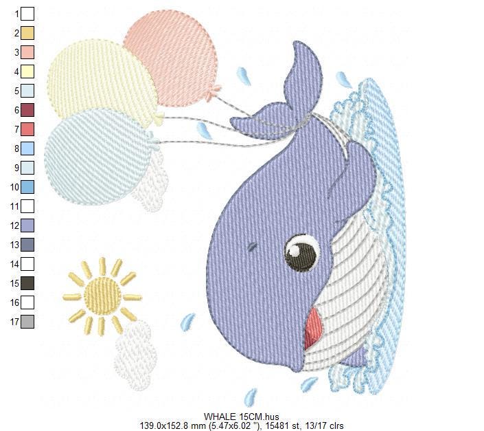Whale embroidery designs - Ocean Animal Big Fish with balloons machine embroidery pattern - Sea Life Baby Boy - Instant digital download pes