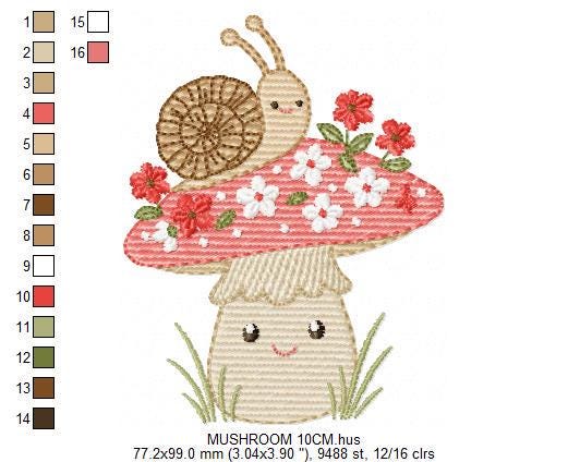 Snail and Mushroom embroidery designs - Red Toad with flowers machine embroidery pattern - Fantasy Magical Garden Forest - Instant download