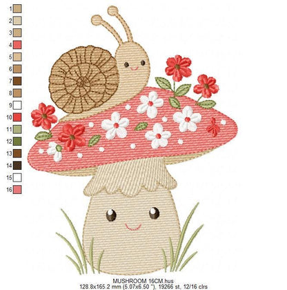 Snail and Mushroom embroidery designs - Red Toad with flowers machine embroidery pattern - Fantasy Magical Garden Forest - Instant download