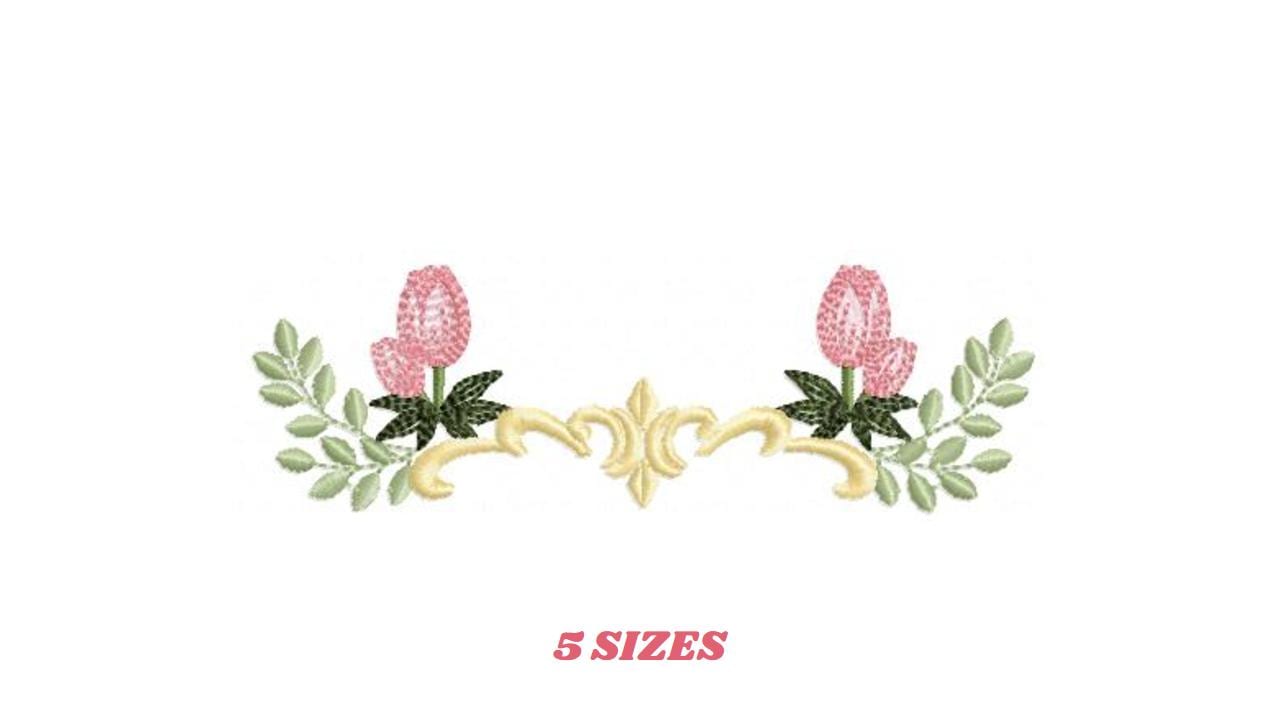 Tulip embroidery designs - Flower frame tag with roses machine embroidery pattern - Flower laurel file - Instant digital download pes jef