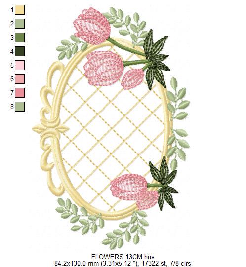 Tulip embroidery designs - Flower frame tag with roses machine embroidery pattern - Flower laurel file - Instant digital download pes jef