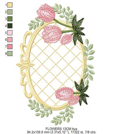 Tulip embroidery designs - Flower frame tag with roses machine embroidery pattern - Flower laurel file - Instant digital download pes jef