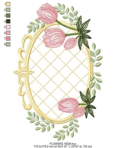 Tulip embroidery designs - Flower frame tag with roses machine embroidery pattern - Flower laurel file - Instant digital download pes jef