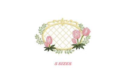 Tulip embroidery designs - Flower frame tag with roses machine embroidery pattern - Flower laurel file - Instant digital download pes jef