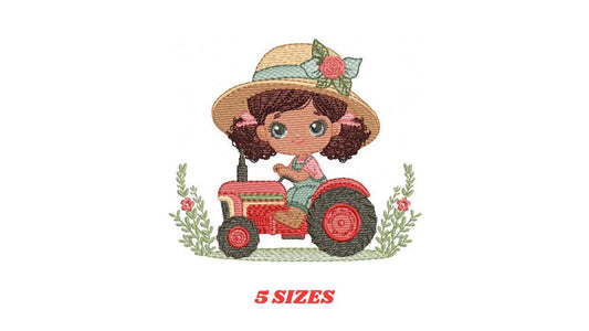 Girl with flower hat embroidery designs - Farmer embroidery design machine embroidery pattern - Tractor Girl embroidery - instant download