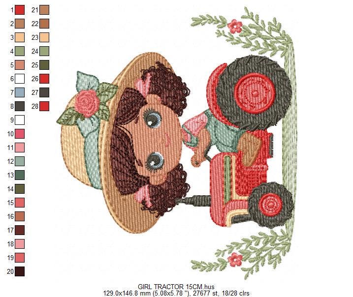 Girl with flower hat embroidery designs - Farmer embroidery design machine embroidery pattern - Tractor Girl embroidery - instant download