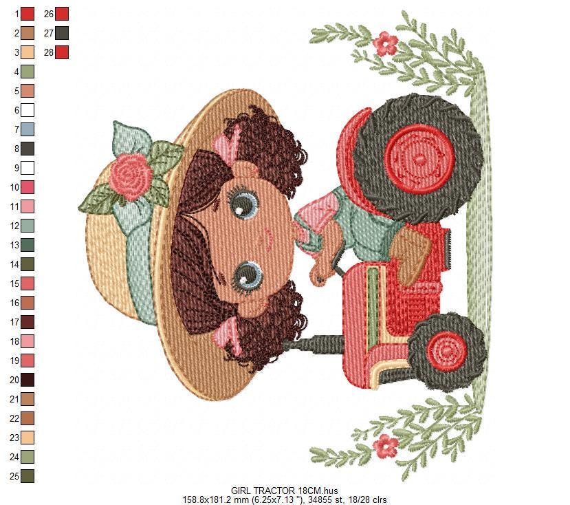 Girl with flower hat embroidery designs - Farmer embroidery design machine embroidery pattern - Tractor Girl embroidery - instant download