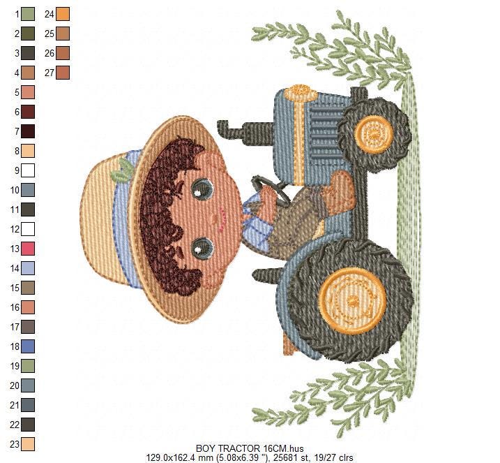 Boy with tractor embroidery designs - Baby Boy Farmer machine embroidery pattern - Tractor Child file - Instant download pes jef dst hus vp3