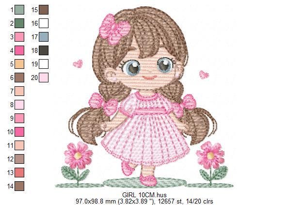 Princess embroidery designs - Girl with long hair and flowers machine embroidery pattern - Girl with lace and butterflies - Instant download