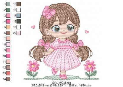 Princess embroidery designs - Girl with long hair and flowers machine embroidery pattern - Girl with lace and butterflies - Instant download