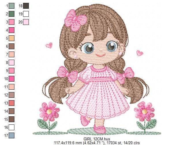 Princess embroidery designs - Girl with long hair and flowers machine embroidery pattern - Girl with lace and butterflies - Instant download